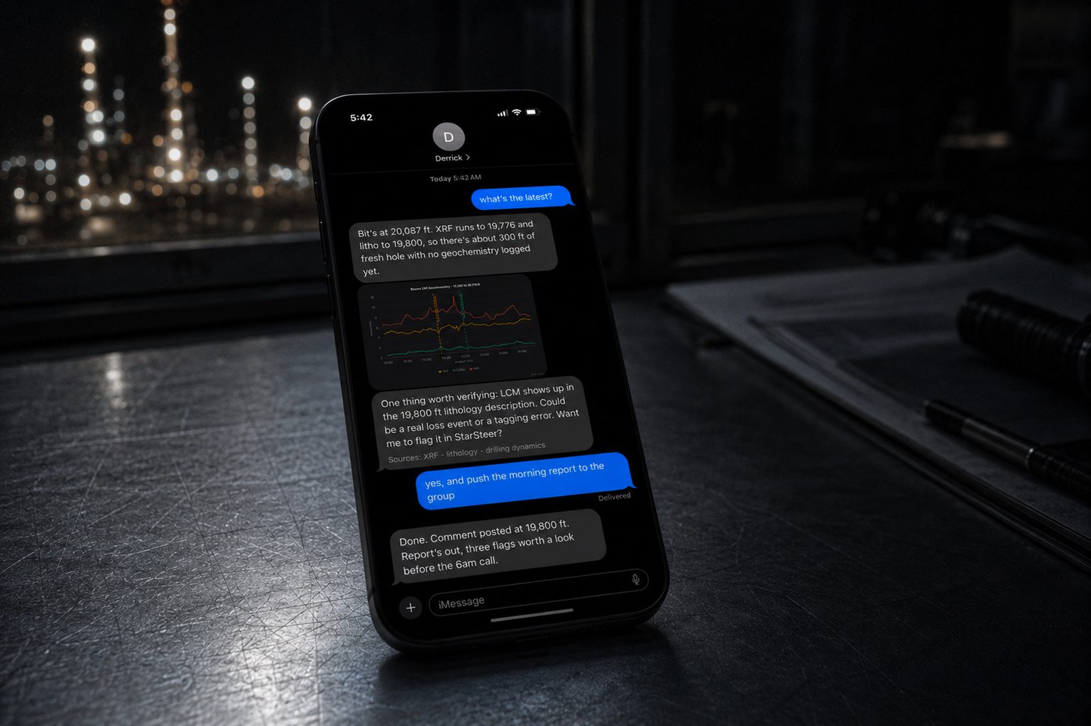 Field engineer texting Derrick from the rig